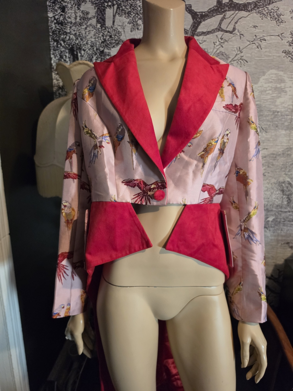 Zamar Lewis Tropical Macaw Bird Print Cropped Tailcoat Jacket - Size L
